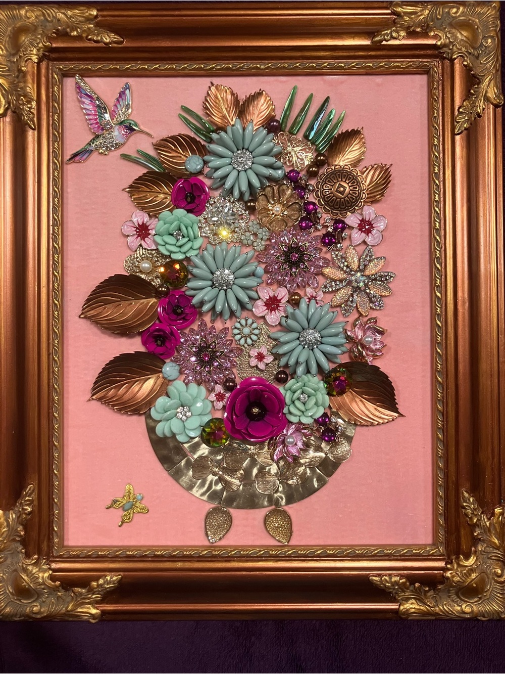 Handcrafted Pink Floral Wall Art with Turquoise and Gold Accents